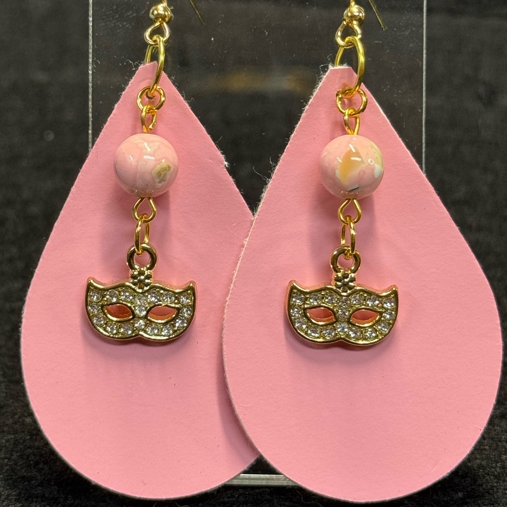 Elegant Pink and Gold Mask Earrings